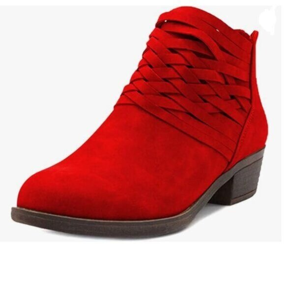 YDN Red Vintage Round Toe Strappy Low Stacked Chunky Heel Back Zipper Ankle Boot - Picture 1 of 8
